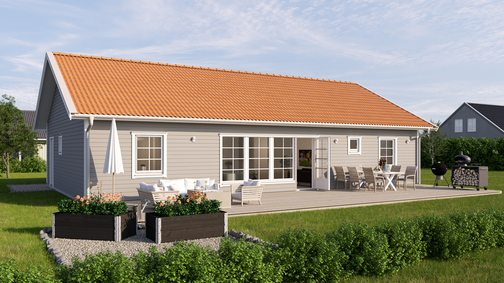 Visualisering av ett ljusgrått 1-planhus och rött tak i lösvirke i traditionell stil. 